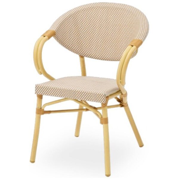 Fauteuil extérieur beige Jude, structure aluminium, assise textilène, empilable pour terrasses professionnelles.