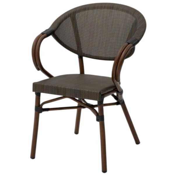 Fauteuil extérieur marron Jude, structure aluminium thermolaqué, assise textilène ou polyrotin, empilable pour terrasses professionnelles.
