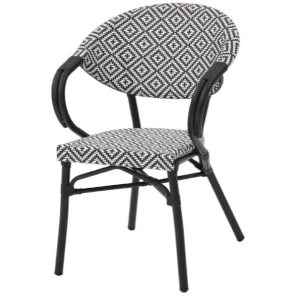 Fauteuil extérieur noir Jude, structure aluminium, coloris noir, empilable et conçu pour terrasses professionnelles.