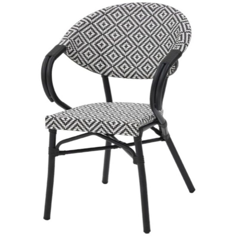 Fauteuil extérieur noir Jude, structure aluminium, coloris noir, empilable et conçu pour terrasses professionnelles.