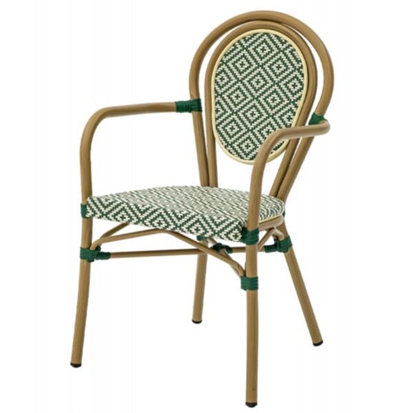 Fauteuil bistrot vert & blanc Davi structure aluminium, empilable et conçu pour terrasses professionnelles.