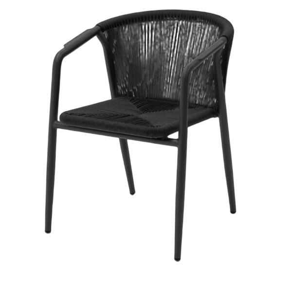 Chaise de terrasse Émile noire en aluminium avec assise en corde tressée
