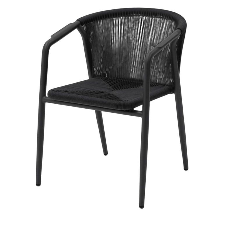 Chaise de terrasse Émile noire en aluminium avec assise en corde tressée