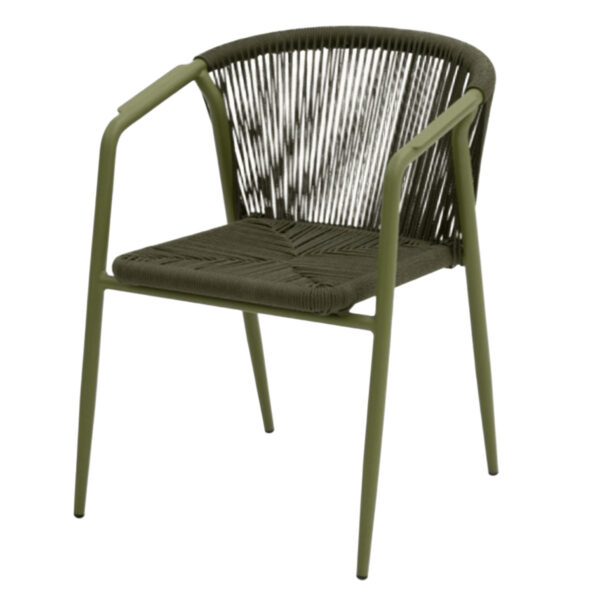 Chaise de terrasse Émile verte en aluminium avec assise en corde tressée