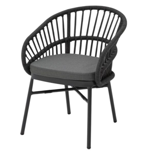 Fauteuil terrasse aluminium Louis, corde anthracite et coussin, empilable pour CHR.