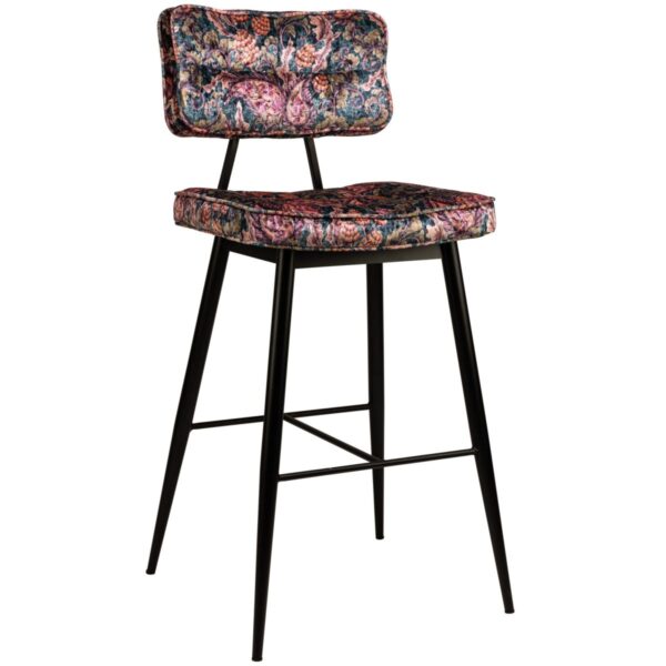 Tabouret de bar velours rose motif botanique Nelly sur piètement métal noir
