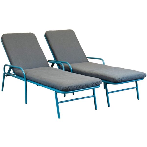 transat Ischia en acier bleu avec coussins gris réglables - Set de 2 -Mobilier CHR