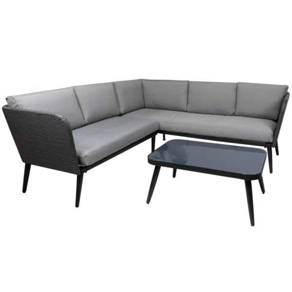 Salon lounge Torino en acier noir et osier anthracite avec coussins gris - Mobilier CHR