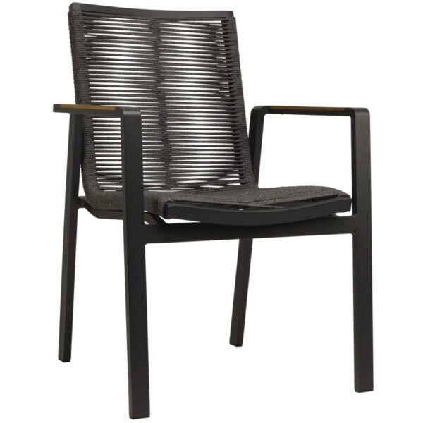 Fauteuil Olbia noir en aluminium et corde UV. Empilable, robuste et design, parfait pour les terrasses de restaurants et hôtels.