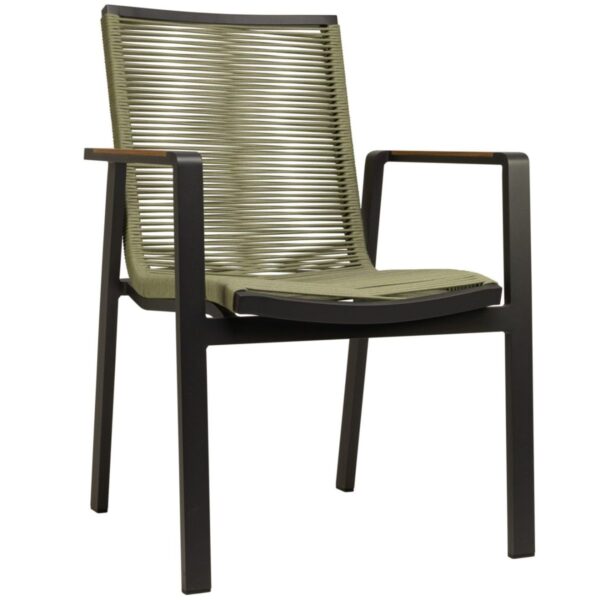 Fauteuil Olbia vert en aluminium et corde UV. Empilable, robuste et moderne, idéal pour les terrasses de restaurants et hôtels.