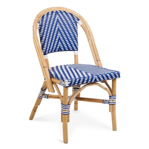 Chaise bistrot bleue et blanche Dante – rotin naturel tressé pour usage professionnel