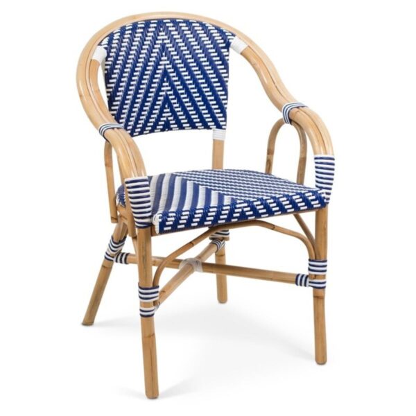 Fauteuil bistrot bleu et blanc Dante – rotin naturel tressé pour usage professionnel