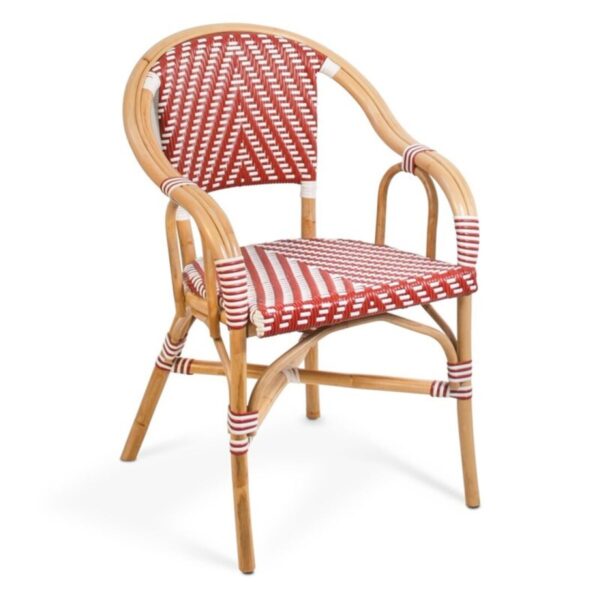 Fauteuil bistrot rouge et blanc Dante – rotin naturel tressé pour usage professionnel