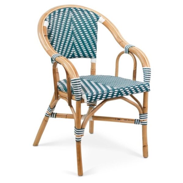 Fauteuil bistrot vert et blanc Dante – rotin naturel tressé pour usage professionnel