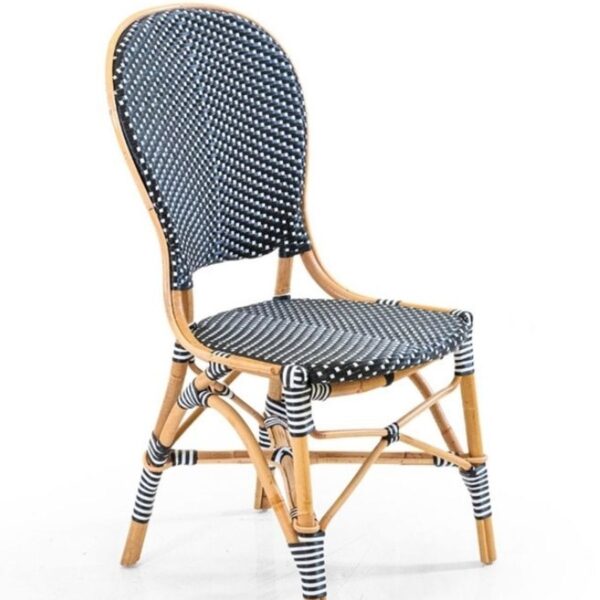 Chaise bistrot Riviera en rotin naturel avec tressage noir et blanc, modèle professionnel pour restaurant ou café