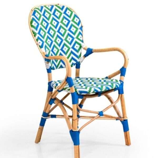Fauteuil bistrot Capri en rotin naturel avec tressage bleu et vert, modèle professionnel pour restaurant ou café