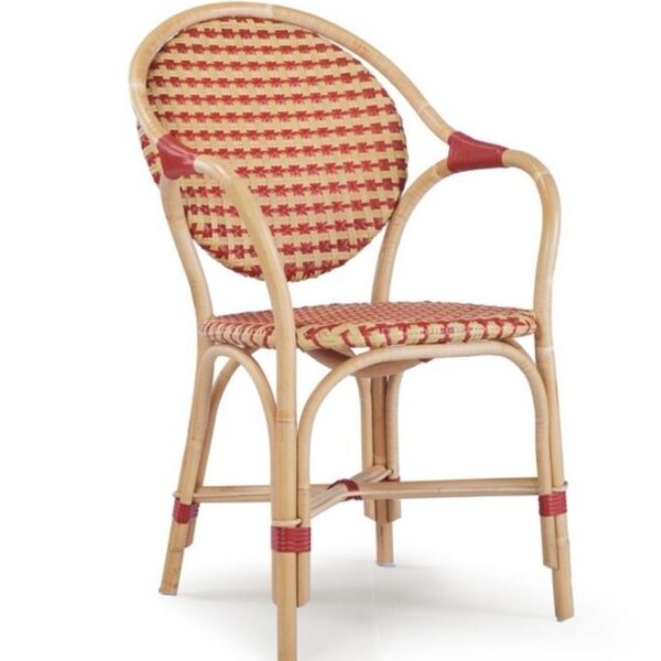 Fauteuil bistrot Doria en rotin naturel avec accoudoirs, tressage bicolore, modèle bistrot professionnel