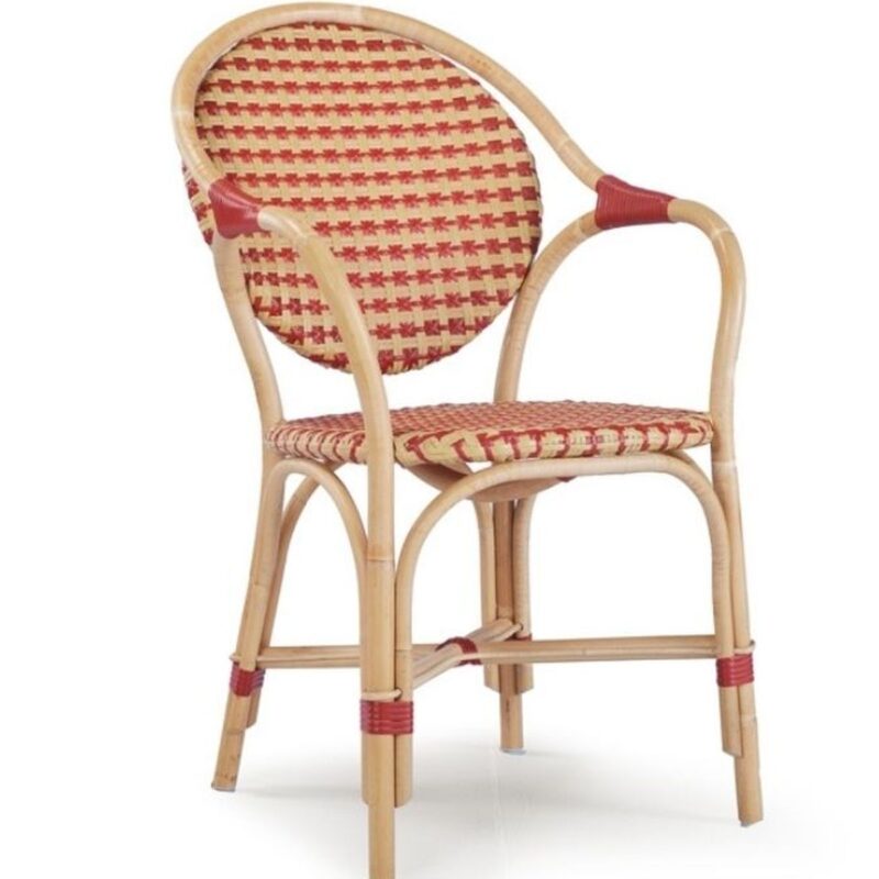 Fauteuil bistrot Doria en rotin naturel avec accoudoirs, tressage bicolore, modèle bistrot professionnel