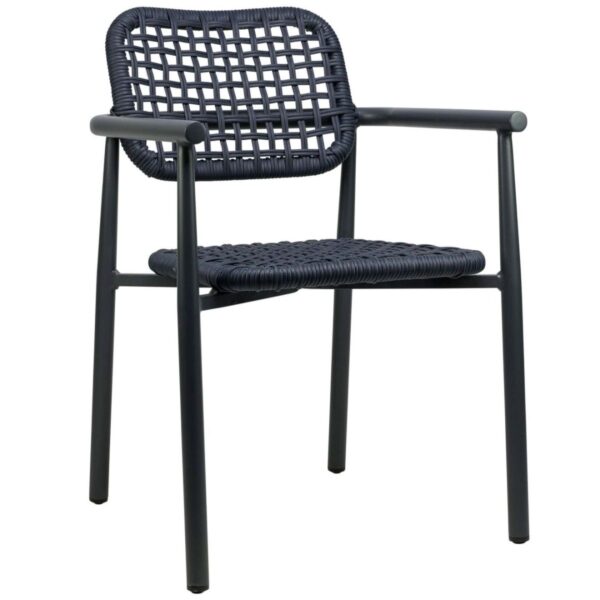 Chaise de terrasse Charles marine en aluminium avec assise en tressage de cordes et accoudoirs