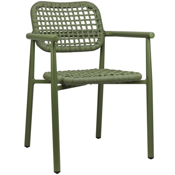 Chaise de terrasse Charles verte en aluminium avec assise en tressage de cordes et accoudoirs