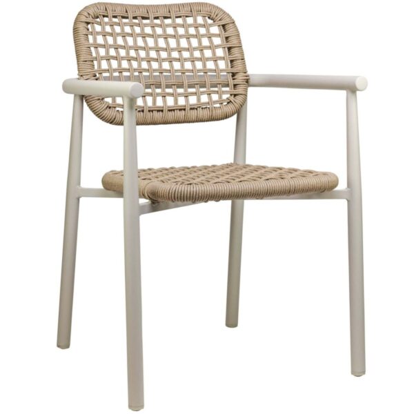 Chaise de terrasse Charles beige en aluminium avec assise en tressage de cordes et accoudoirs - mobilier chr