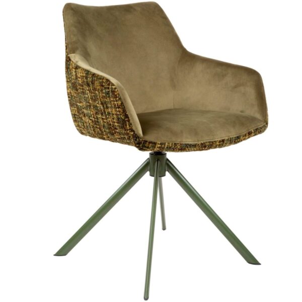 Fauteuil de restaurant vert Cora en velours et jacquard avec piètement métal pivotant