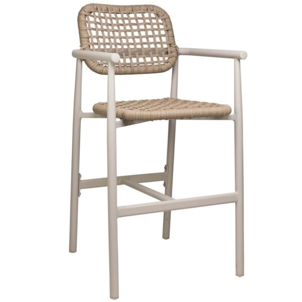 Tabouret de bar Charles 65 cm beige sable en aluminium avec assise en tressage de cordes et accoudoirs. Pour Cafés, Hôtels et Restaurants.