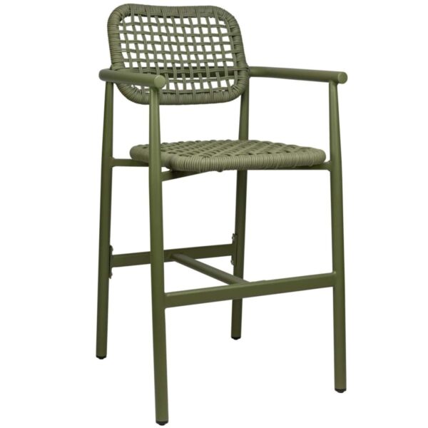 Tabouret de bar Charles 65 cm vert en aluminium avec assise en tressage de cordes et accoudoirs - Mobilier restaurant & café