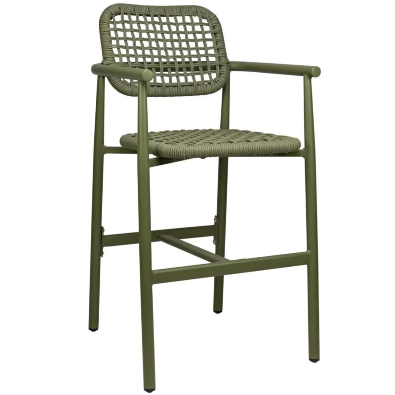 Tabouret de bar Charles 65 cm vert en aluminium avec assise en tressage de cordes et accoudoirs - Mobilier restaurant & café