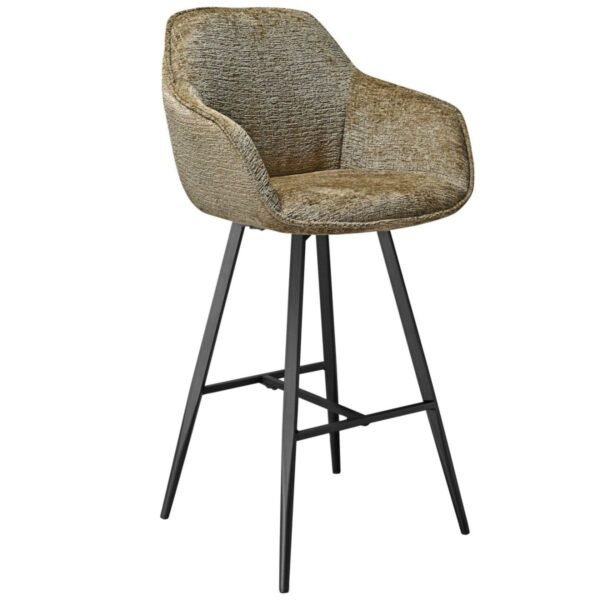 Fauteuil de bar vert LENA avec accoudoirs en chenille jacquard et structure métal noir. Mobilier professionnel