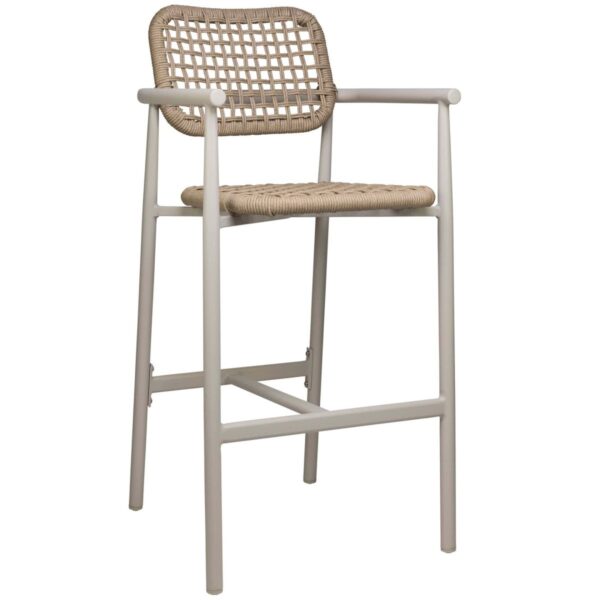 Tabouret de bar charles beige en aluminium thermolaqué avec tressage de cordes et accoudoirs. Idéal pour bars et terrasses CHR.