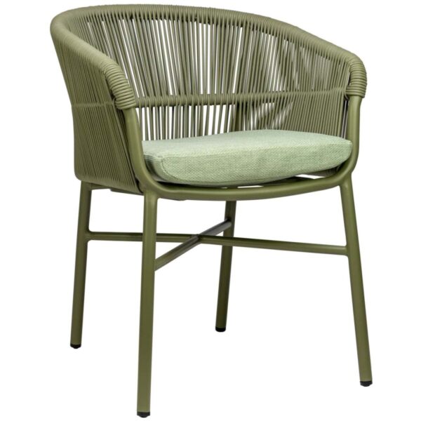 Fauteuil bistrot vert Rosa en aluminium avec tressage en corde et coussin pour terrasse professionnelle