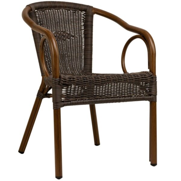 Fauteuil bistrot marron COSTRA en aluminium effet bois et fibre synthétique tressée pour mobilier CHR