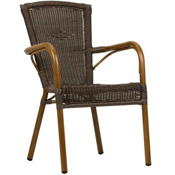 Fauteuil bistrot marron SANA en aluminium effet bois et tressage wicker, fauteuil professionnel empilable pour usage extérieur