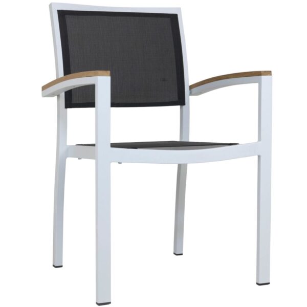 Fauteuil de terrasse blanc et noir CERAN en aluminium et textilène, chaise de terrasse empilable pour mobilier CHR