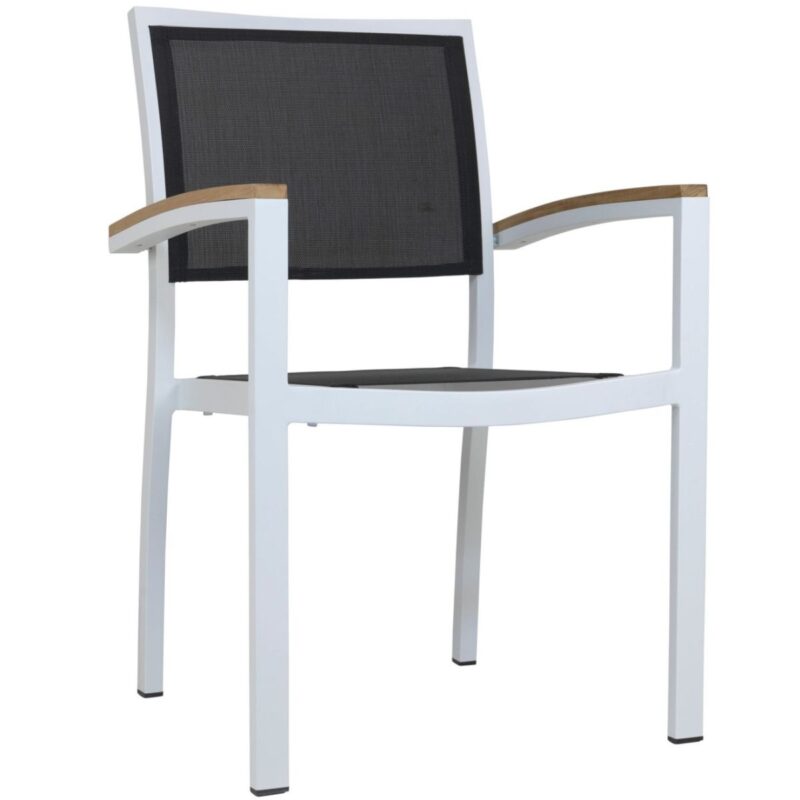 Fauteuil de terrasse blanc et noir CERAN en aluminium et textilène, chaise de terrasse empilable pour mobilier CHR