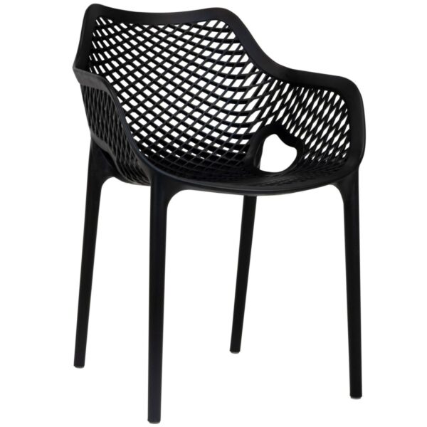 Fauteuil de terrasse noir Claire empilable en polypropylène avec accoudoirs. Mobilier CHR