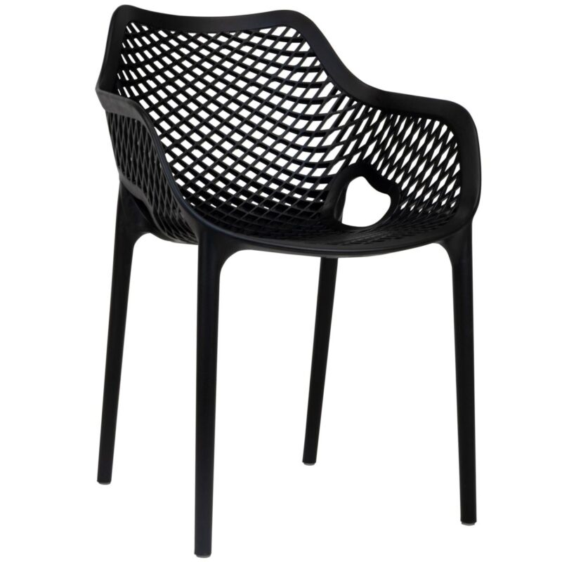 Fauteuil de terrasse noir Claire empilable en polypropylène avec accoudoirs. Mobilier CHR