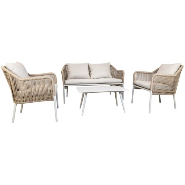 Salon de jardin 4 places Baldric en aluminium et corde beige pour terrasse de restaurant