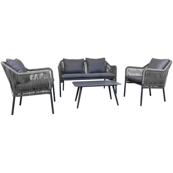 Salon de jardin 4 places Baldric gris en aluminium et corde pour terrasse de restaurant