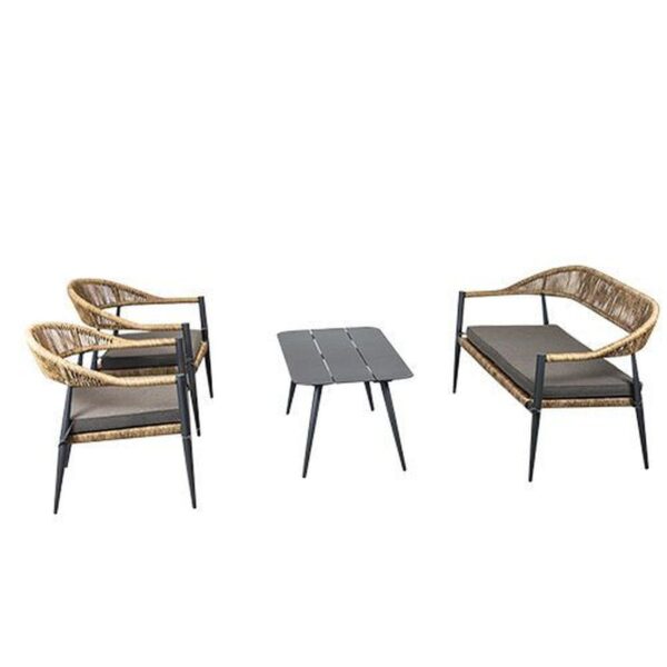 Salon de jardin 4 places Jonas brun en aluminium et corde pour terrasse de restaurant