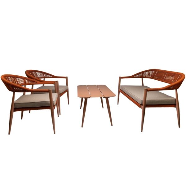 Salon de jardin 4 places Jonas orange en aluminium et corde pour terrasse de restaurant