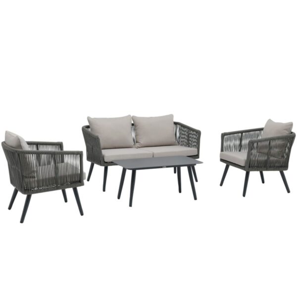 Salon de jardin 4 places Nox gris en aluminium et corde pour terrasse de restaurant