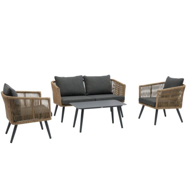 Salon de jardin 4 places Nox brun naturel en aluminium et corde pour terrasse de restaurant