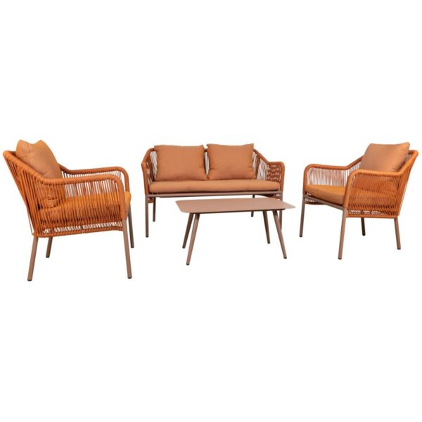 Salon de jardin 4 places Baldric orange en aluminium et corde pour terrasse de restaurant