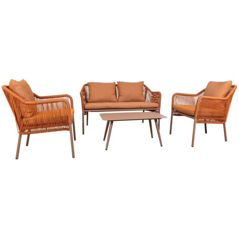 Salon de jardin 4 places Baldric orange en aluminium et corde pour terrasse de restaurant