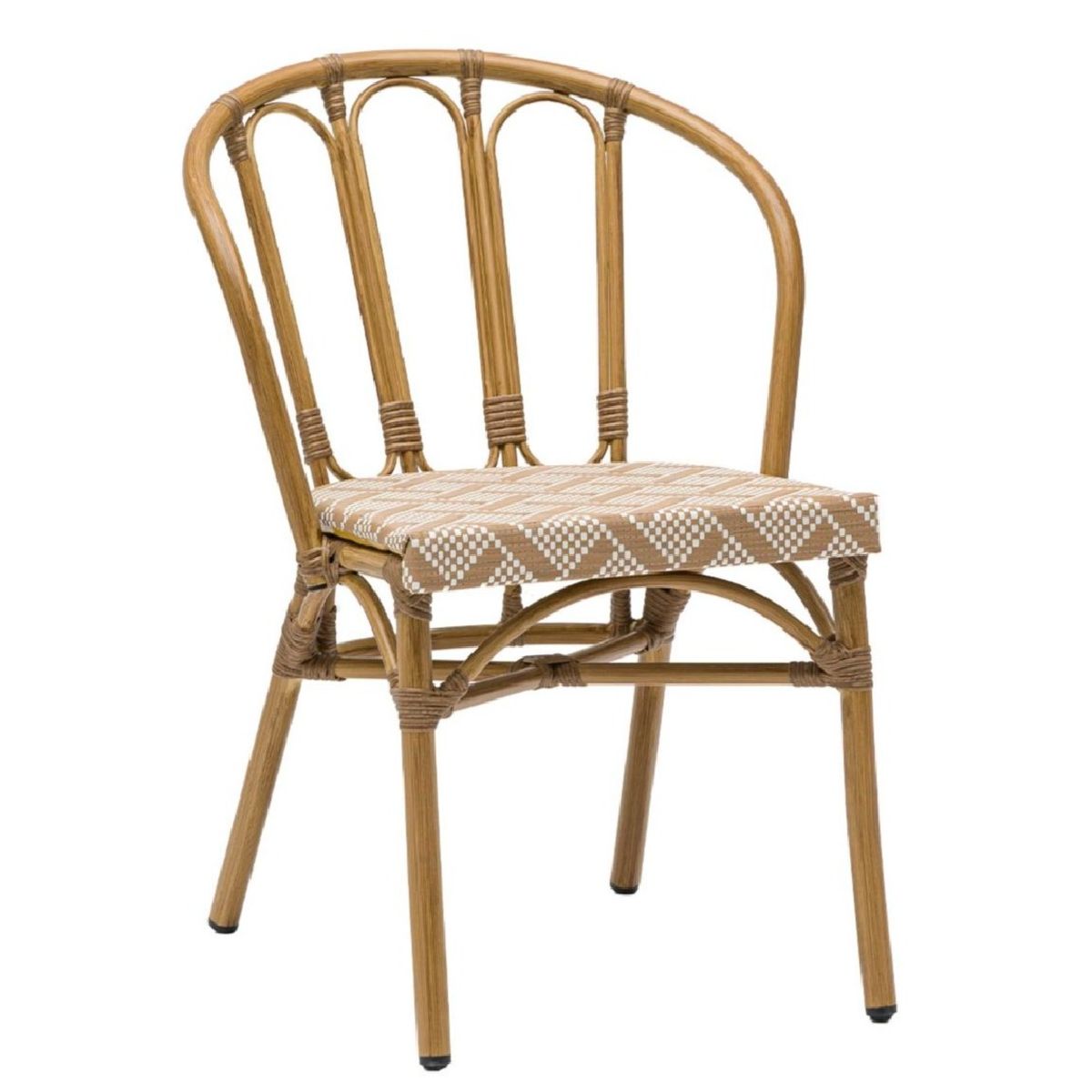 Chaise bistrot apolline assise textilène esprit rotin (8) Chaise bistrot Apolline en aluminium finition chêne naturel avec assise textilène pour cafés hôtels et restaurants.