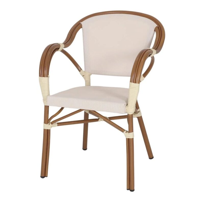 Fauteuil bistrot marcel beige aluminium effet bambou textilène empilable extérieur