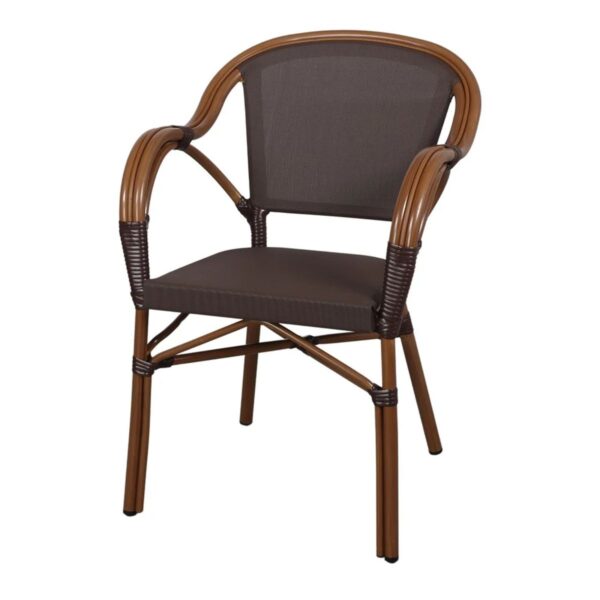 Fauteuil bistrot marcel brun aluminium effet bambou textilène empilable extérieur