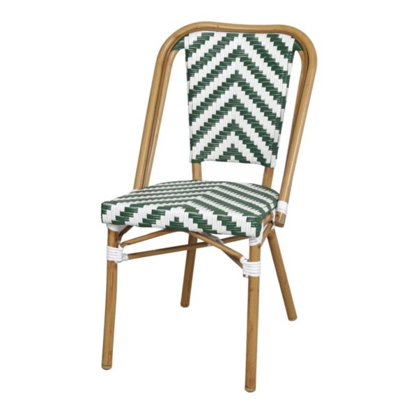 Chaise bistrot colette rotin synthétique extérieur, structure alu et motif chevron vert et blanc, empilable .